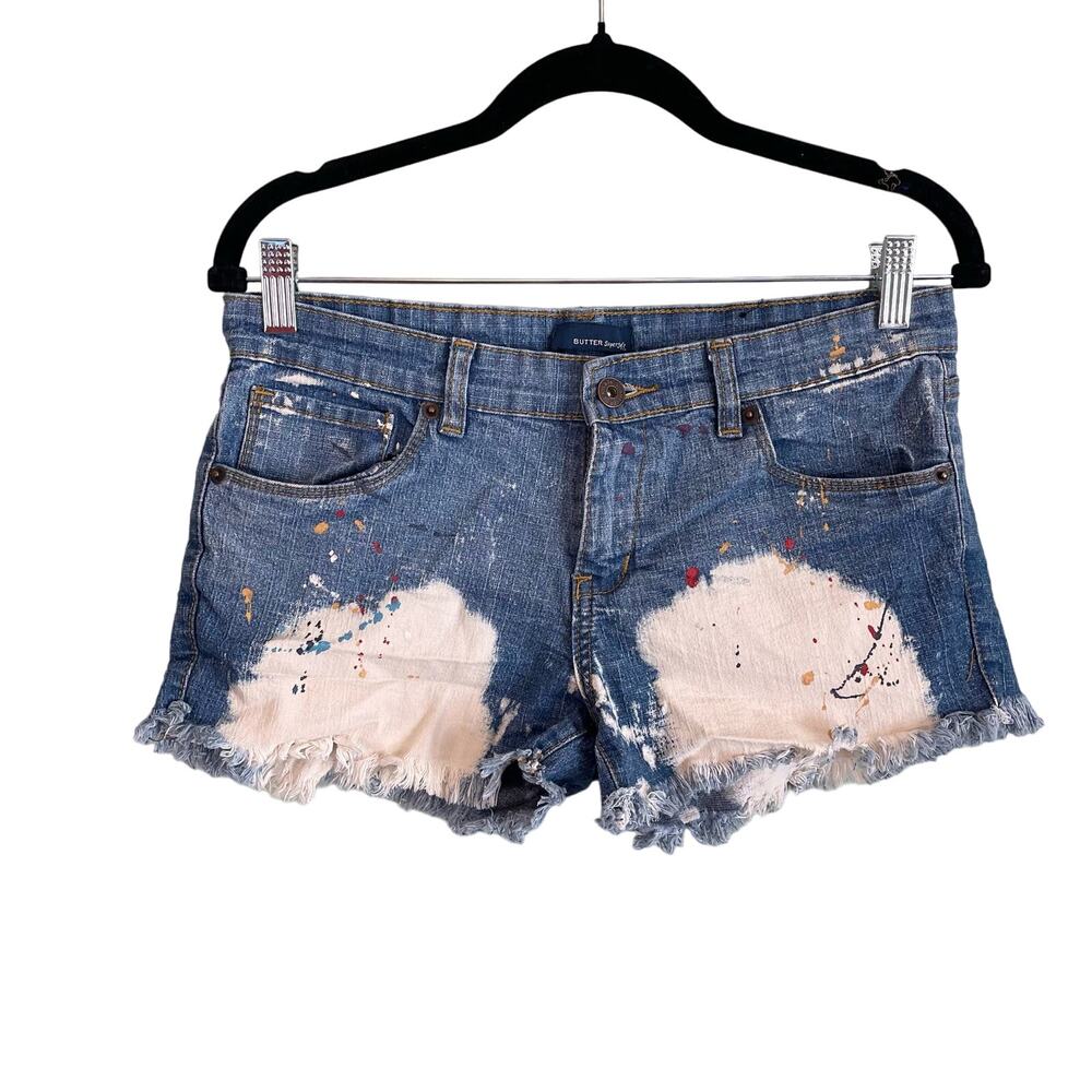 BUTTER Supersoft Jean Cut Off Shorts Junior 7 Paint Splatter y2k Raw Distressed